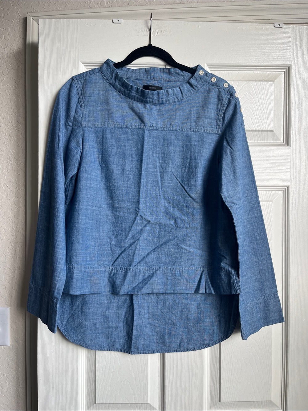 Jcrew Chambray Button-Shoulder Blouse in Light Blue